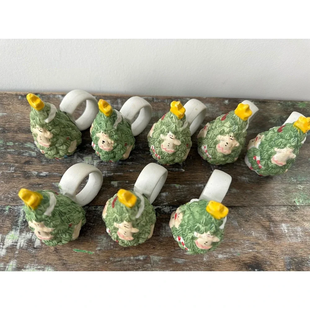 Vintage Set‎ of 8 Ceramic Christmas Tree Napkin Rings Holiday Table Decor